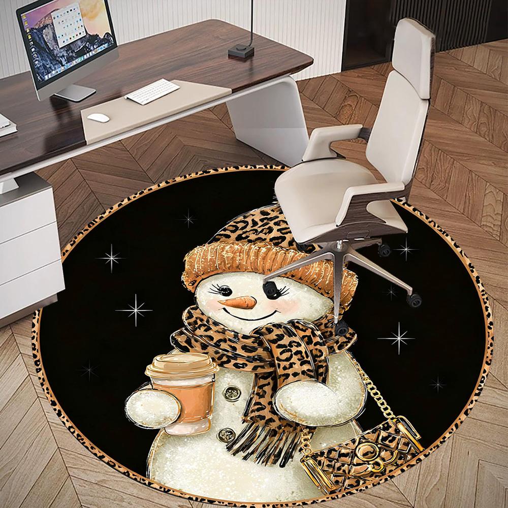 1 Stück Schneemann Leopardenmuster Büro Runder Teppich, Unter Bürostühlen Schlafzimmer Wohnzimmer Heimdekoration, Teppich für Büro -1110143
