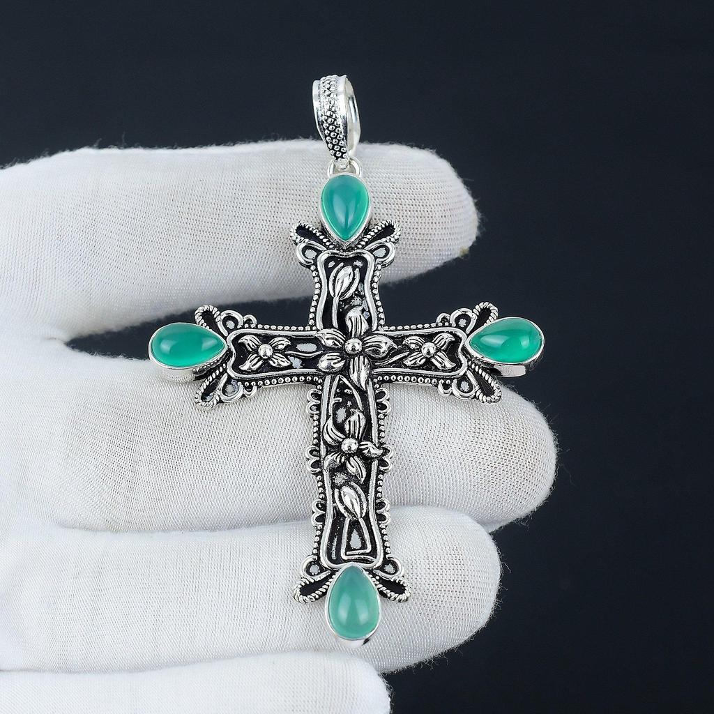 Grön Onyx Ädelsten Hänge Grön Onyx Naturlig Ädelsten Handgjord 925 Sterling Silver Kors Hänge För Gåvor Hänge För Hennes, Dam Smycken