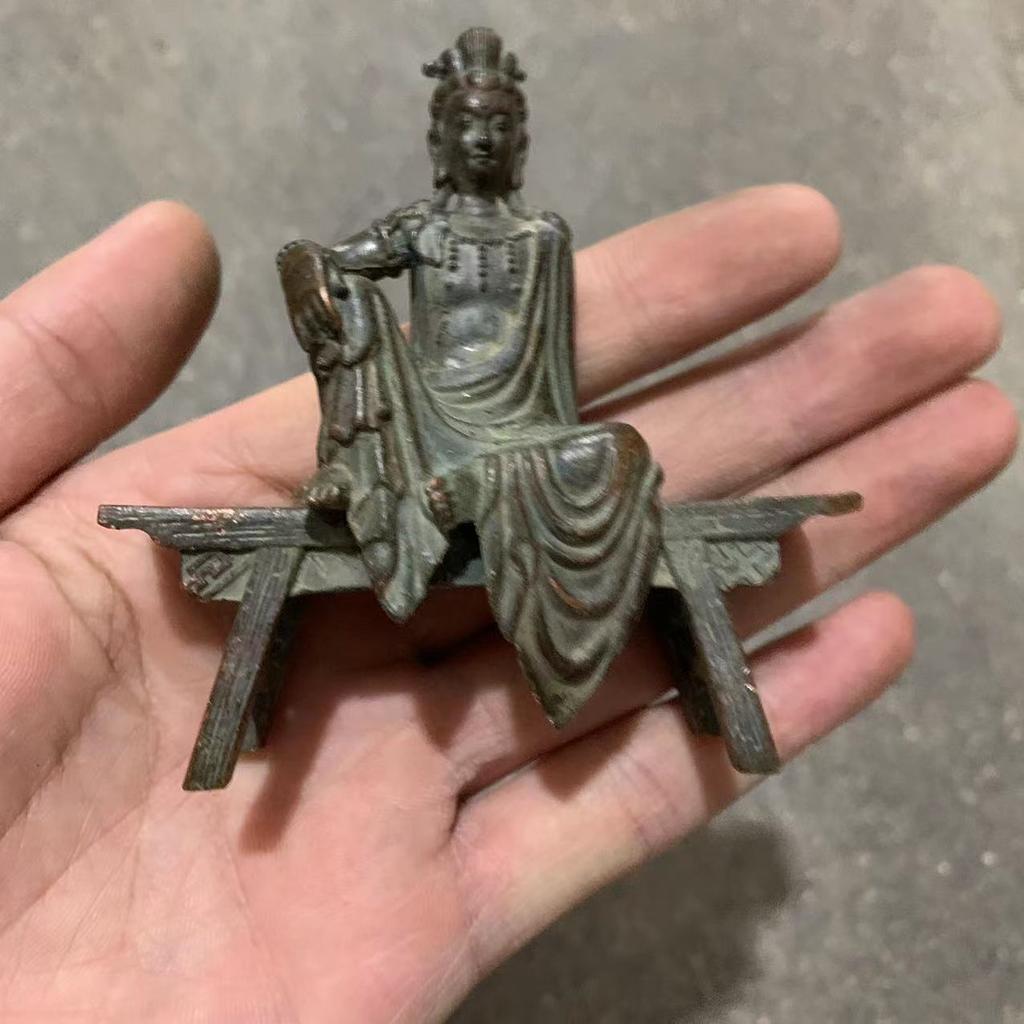 Old Chinese Bronze Copper Handmade Guanyin Bench Buddha Buddha Statue