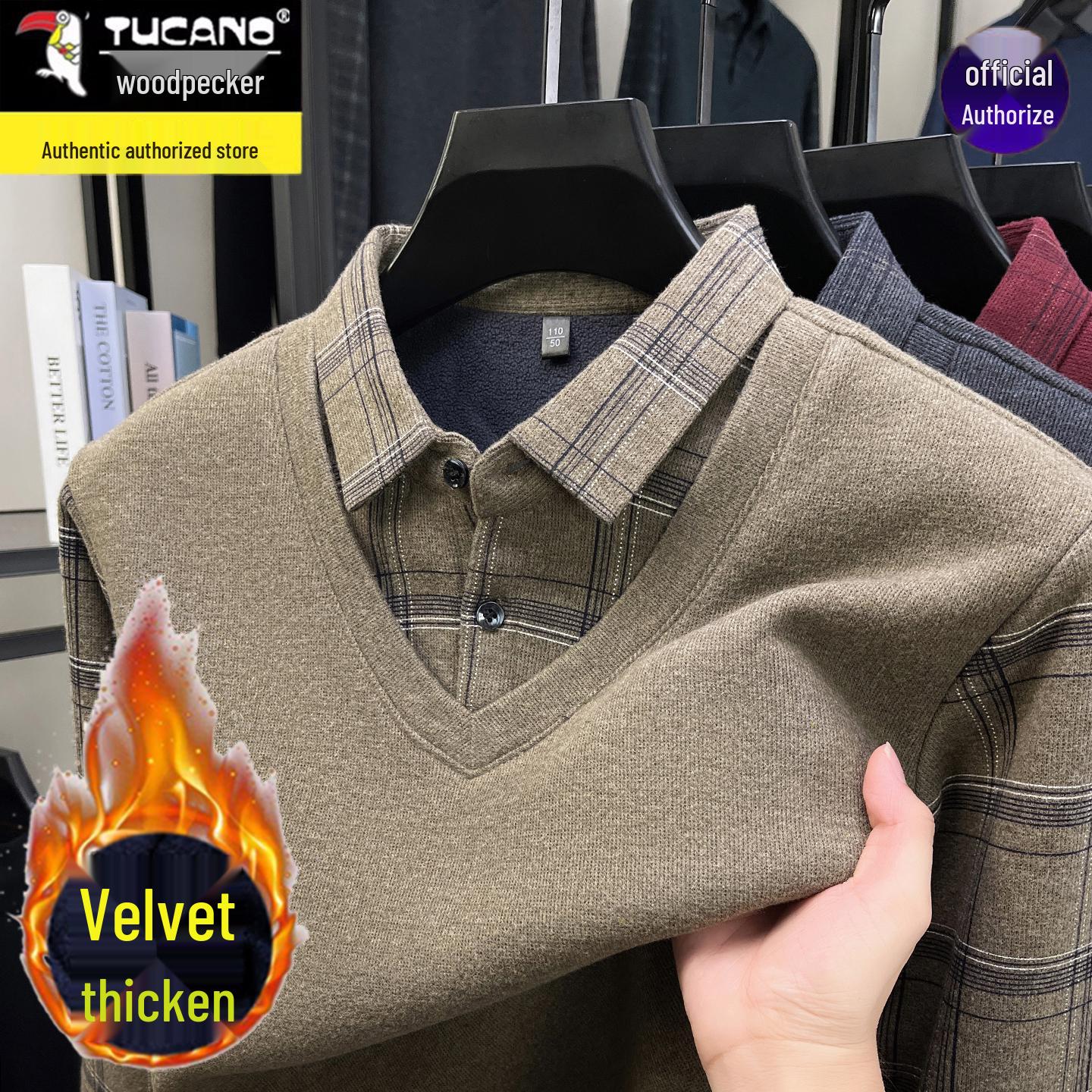 Woodpecker 2025 Men s Faux Two-Piece Velvet-Lined Sweater: Cozy Winter Outerwear for Dads 3XL for 170-185 lbs