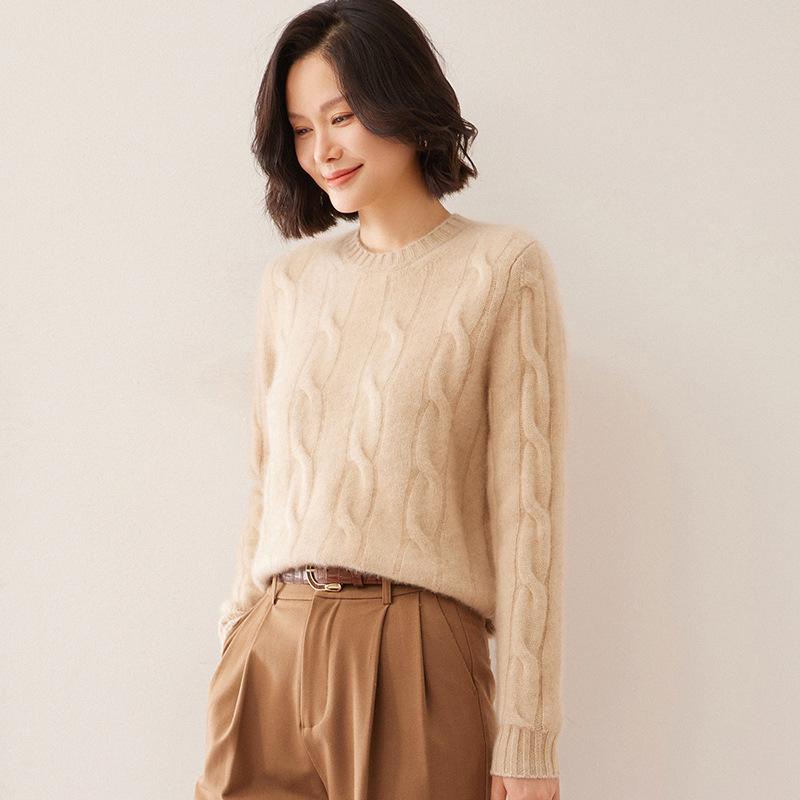 Women's Cozy Cable Knit Cashmere Sweater: Soft, Loose, Round Neck Pullover for Autumn/Winter