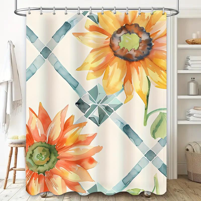 Sunflower Shower Curtain Rustic Boho Design with Green Stripes White Backdrop for Bathroom Decorations Waterproof Fabric Materia