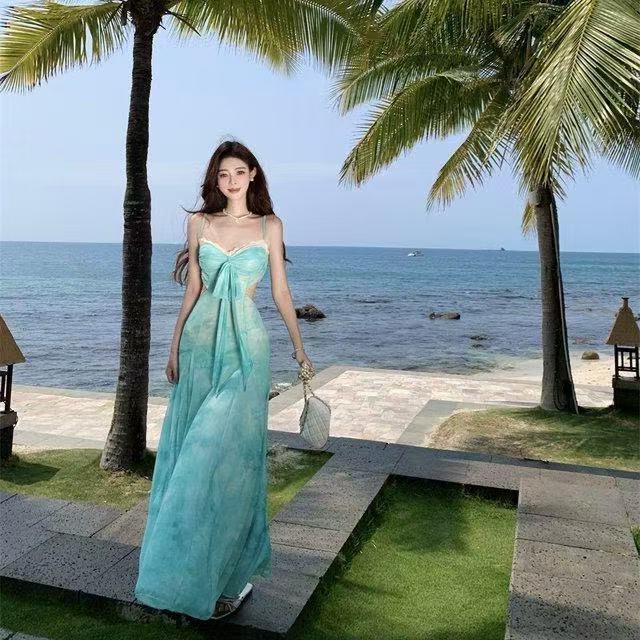 2026 Bohemian Print Spaghetti Strap Backless Beach Dress for Women