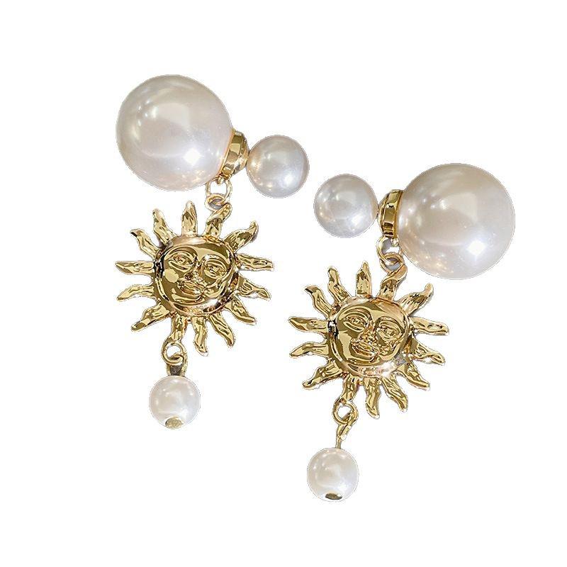 High-End Golden Sunflower Pearl Earrings: Women's Double-Sided Multi-Wear Studs with Small and Large Pearls