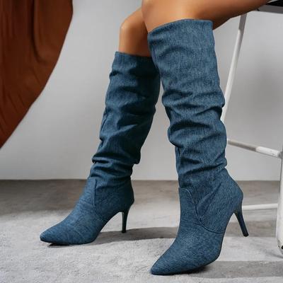 Women's Shoes 2024 Winter New Street Fashion Solid Color Denim Over-the-Knee Boots Sexy Pointed Toe Women's Party High Heels