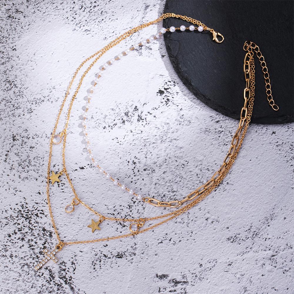 Retro Fashion Star Cross Multilayer Pendant Necklace Fashion Necklace Trendy Temperament Female Necklace