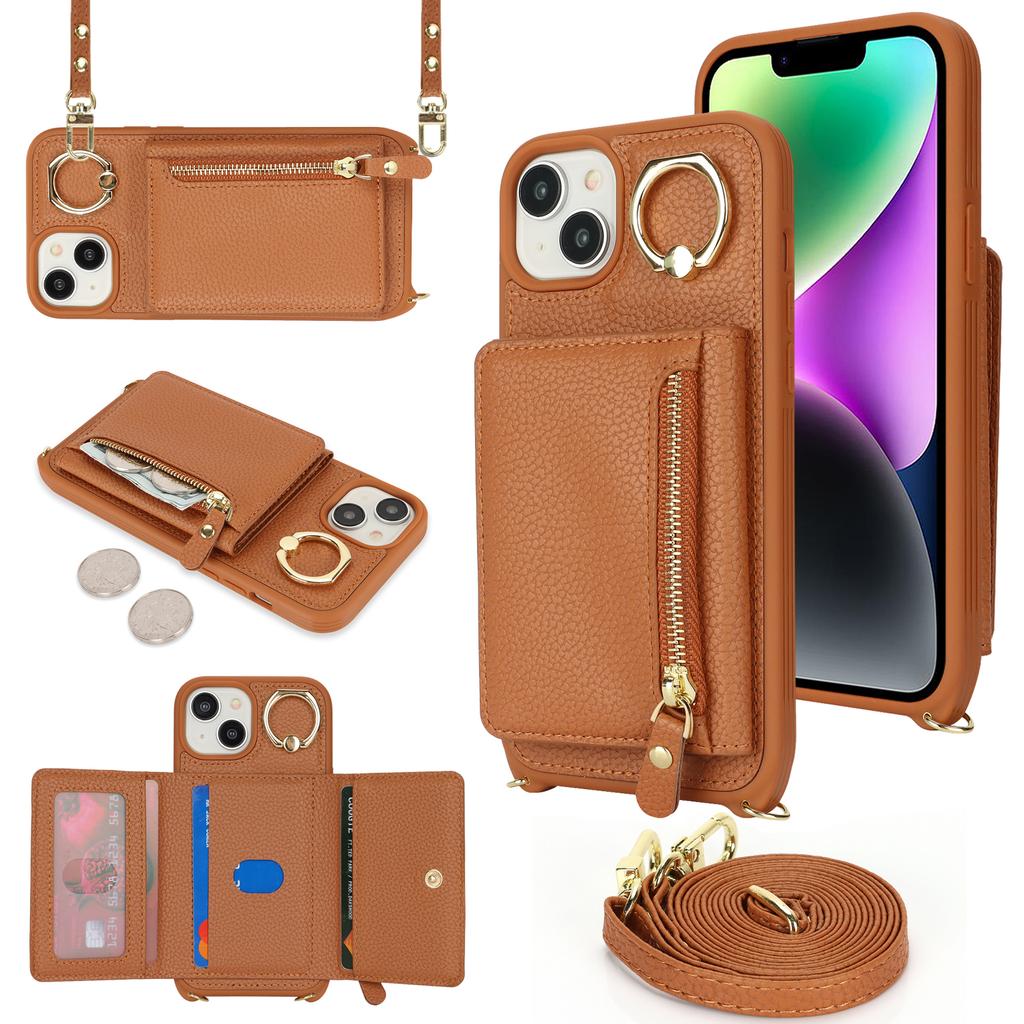 For iPhone 14/13 Case Litchi Texture Card Bag Leather+TPU Crossbody Phone Cover with Ring Kickstand