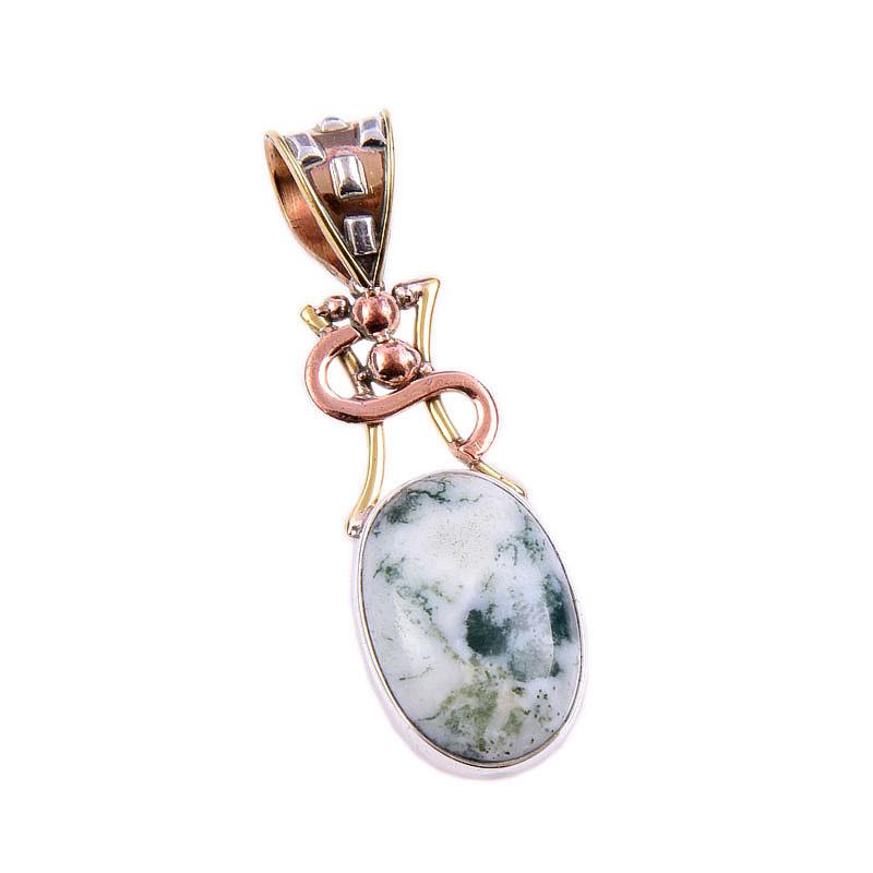 Natural Green Dendrite Opal Gemstone 925 Solid Silver TwoTone Pendant 1.75" j5S71