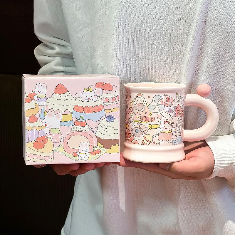 Romantic Pink Ceramic Mug Cute Little Rabbit Birthday Gift Cup Household Coffee Cup Water Cup Color Box