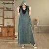 2026 Plus Size Spring Summer Women Tank Midi Dress Hooded V Neck Casual Loose Baggy Vintage Dress Sleeveless Denim Split Dress With Pocket
