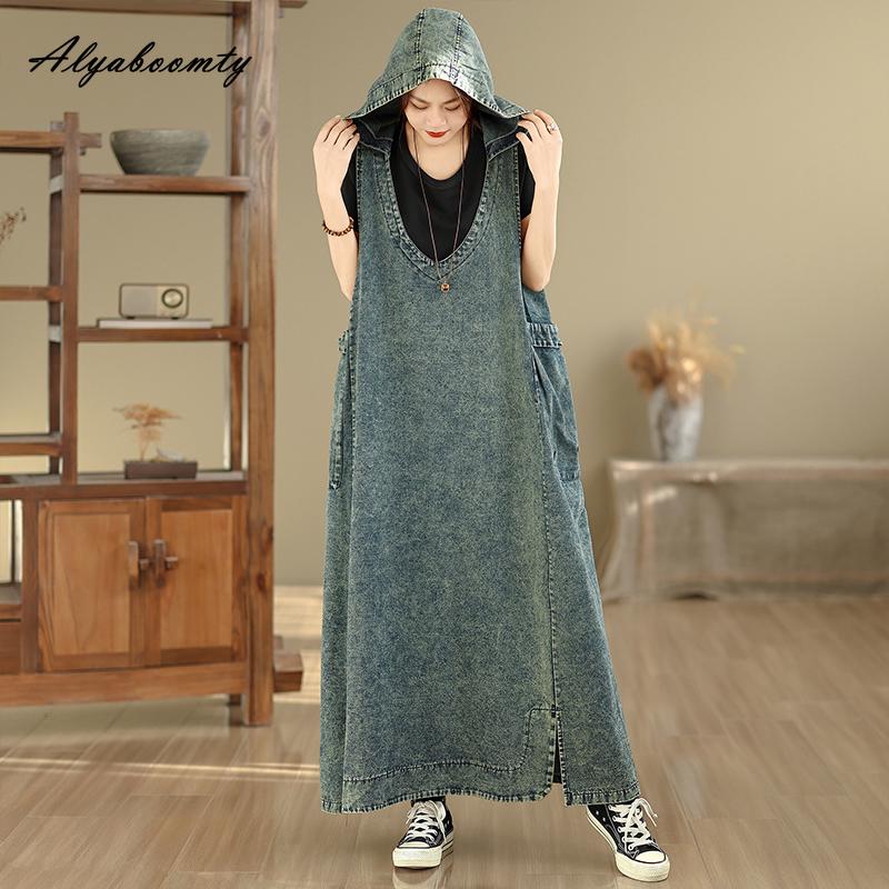 2026 Plus Size Spring Summer Women Tank Midi Dress Hooded V Neck Casual Loose Baggy Vintage Dress Sleeveless Denim Split Dress With Pocket