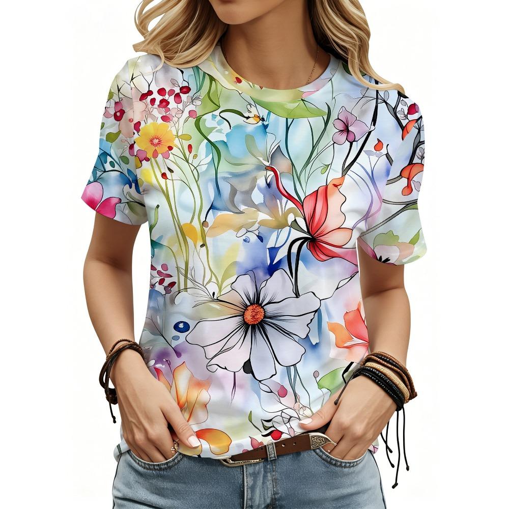 Summer soft light floral pattern round neck T-shirt