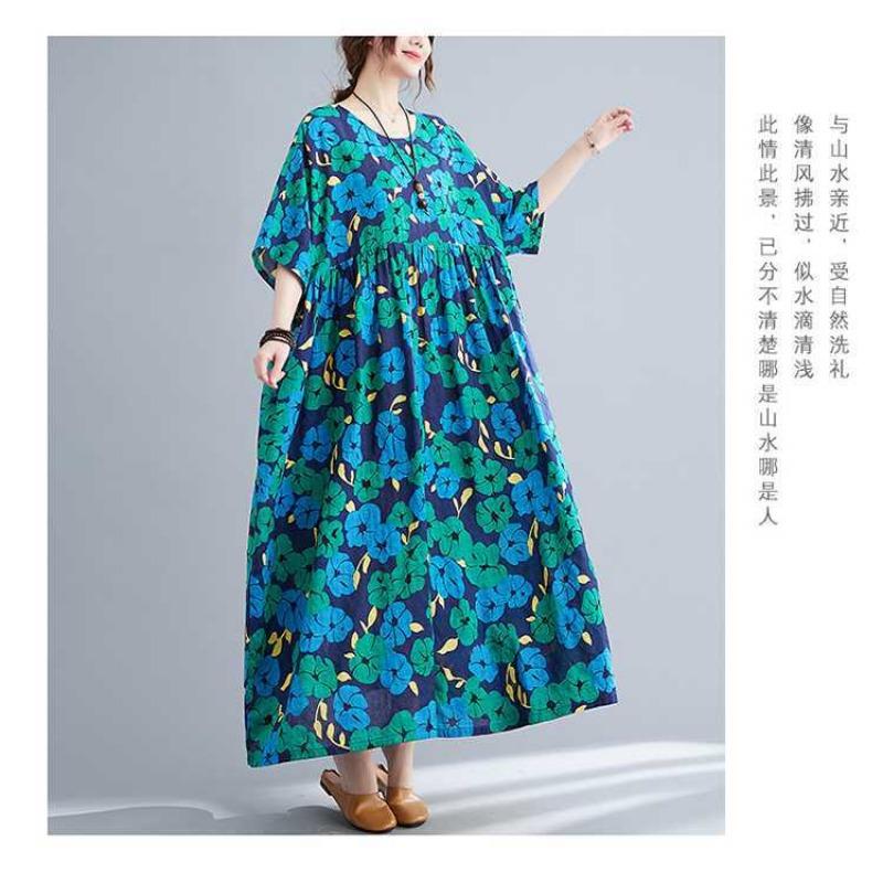 Summer New Literary Large Size Loose and Large Printed Round Neck Short Sleeve Dresses