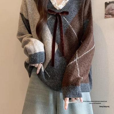 Women's Wine Red Argyle Knitted Sweater with Lace Bow - 2025 Autumn/Winter Retro Collection