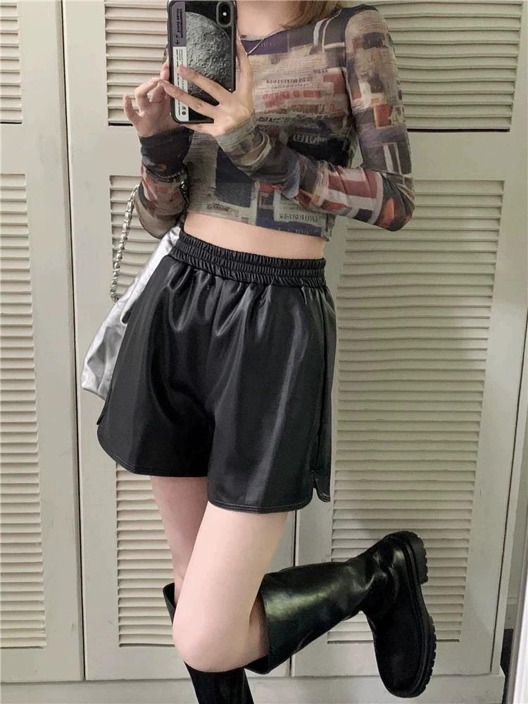 2025 Plus Size Women's High Waist PU Leather A-line Slimming Bootcut Shorts - Autumn/Winter Collection