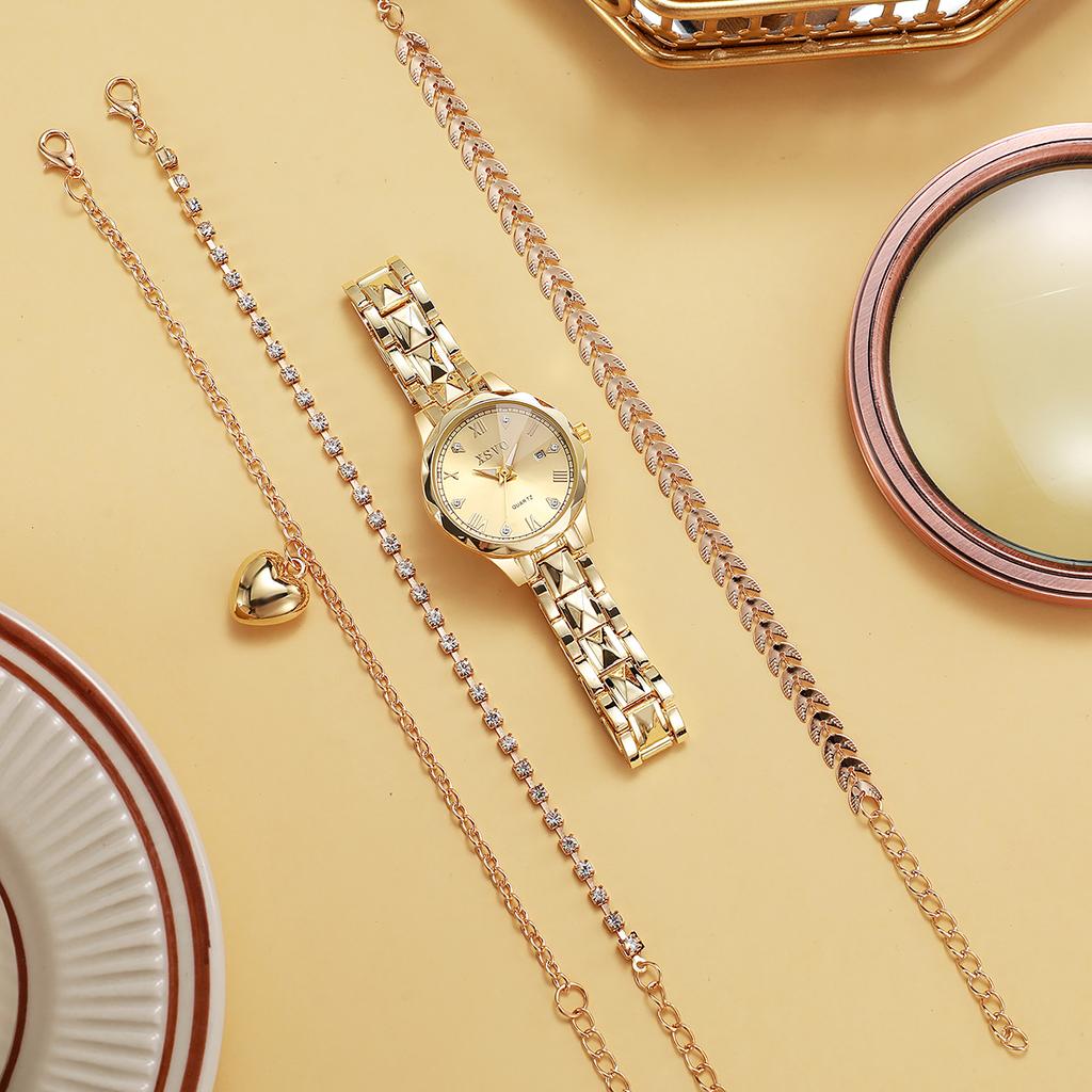 New Women's Roman Dial Gold Quartz Watch Bracelet Necklace Set, Fashionable Diamond-Embedded Quartz Wristwatch