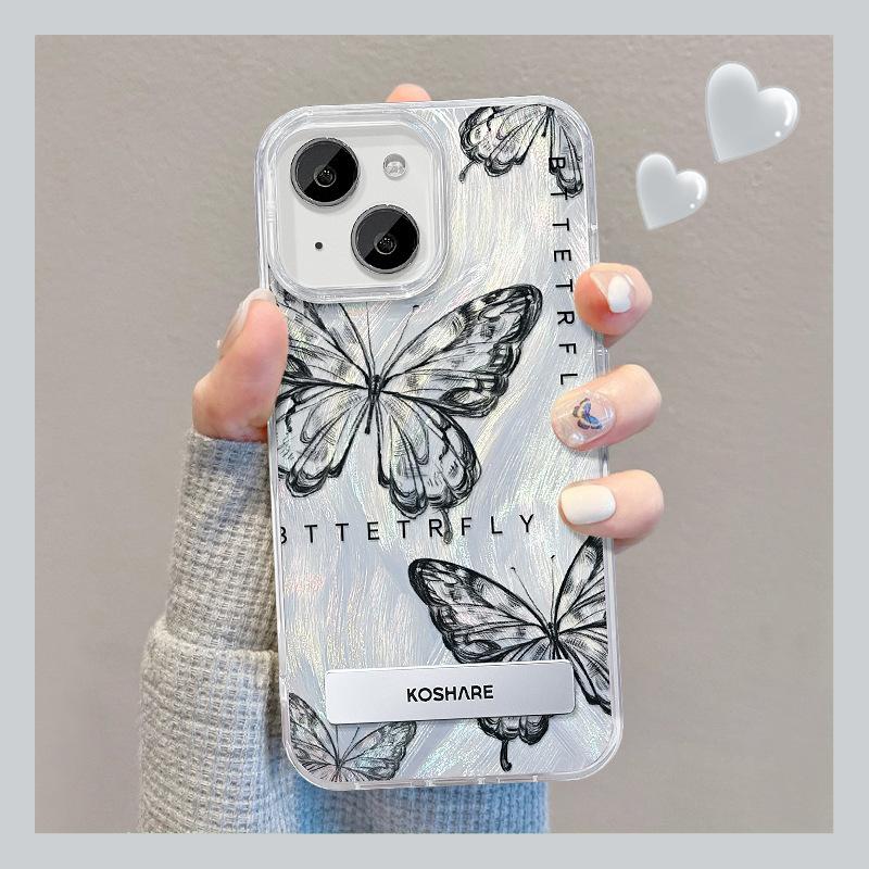 Suitable for Apple 15 Mobile Phone Case Summer Iphone14 Ink Butterfly Stand 13 Feather Yarn 12 National Style 11 High-end Sense