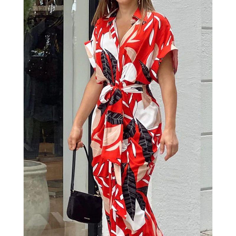 

Fashion Style Street Fashion Elegant Hot Sale Summer New Arrival Lapel Print Temperament Shirt Dress Children Fashion Red XL