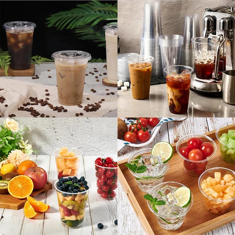 100PCS Disposable Plastic Cups with Lids for Ice Coffee Cold Drinks Plastic Cups Home Restaurant Drink Shop Party Picnic Party