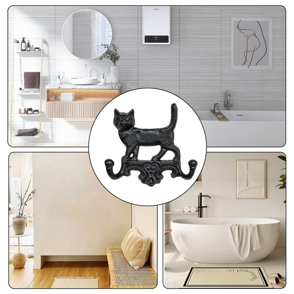 Cat Hooks Rustic Cute Iron Hanger Double Wall Hooks For Hat Key Bag Purse Clothes Farmhouse Entryway Bathroom Kitchen