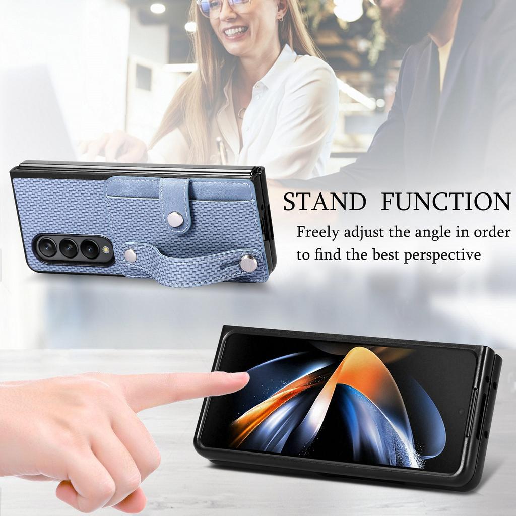 Card Slot Phone Cover for Samsung Galaxy Z Fold5 5G,PU Leather+PC Wristband Kickstand Cell Phone Case