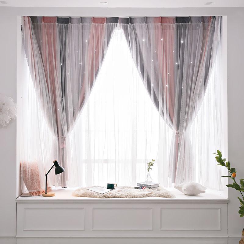 For Panels Autohesion 2 Curtains Windows For Bedroom Girls Kids Baby Window Curtain Double Layer Star Cut Out Living Room Decor Wall Home