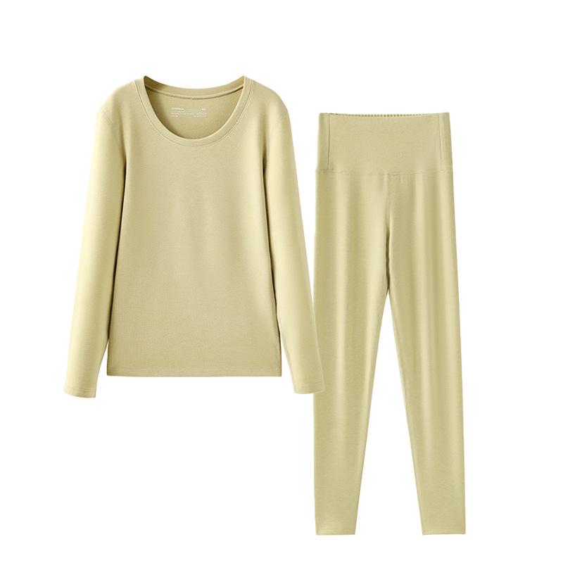 Women's Thickened Fleece Lined Slim Fit Round Neck Warm Underwear Set for Autumn and Winter