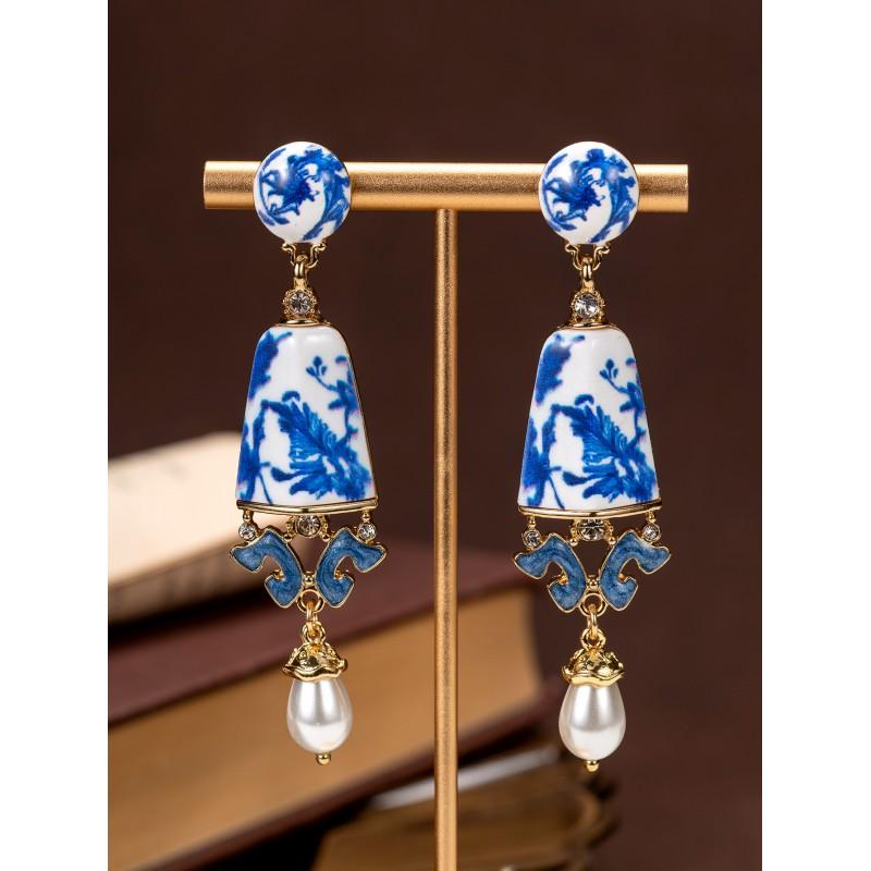 Винтажные сине-белые фарфоровые серьги-вазы Новые китайские классические эмалированные серьги для женщин
