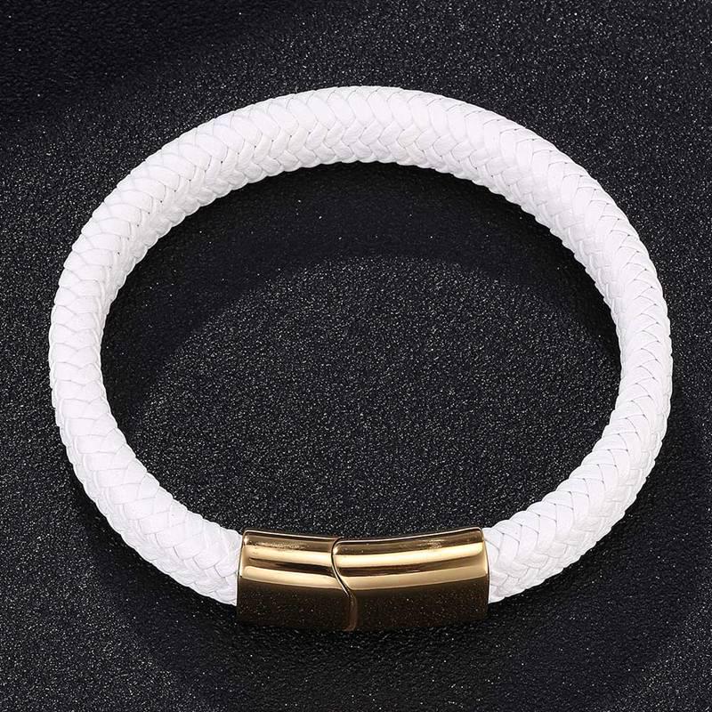 Bracelet Men White Leather Bracelet With Steel Clasp Jewelry Fashion Bangles Gift