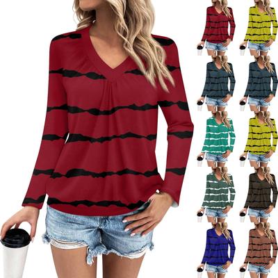 Women's Fashion V Neck  Pleated Stripe Printed Casual Long Sleeve