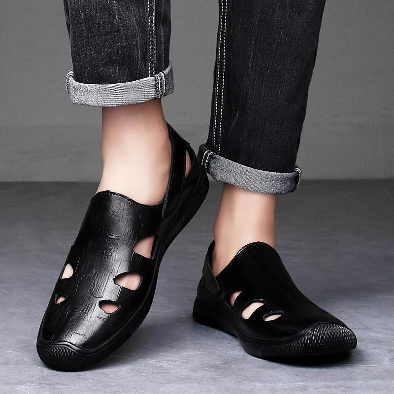 Summer Hollowed Out Men Leather Shoes Soft Sole Casual Business Men‘s Sandals Breathable Office Formal Lightweight Outdoor Shoes