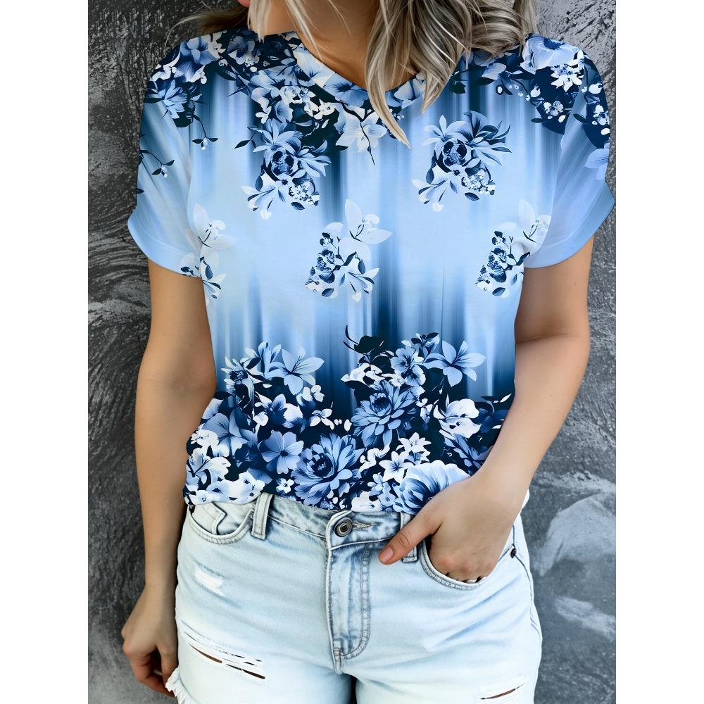 Summer Fashion Women's Blue Gradient Floral Print Round Neck T-shirt