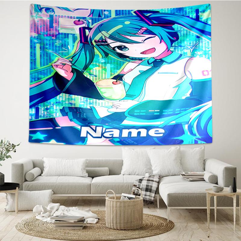 Custom Name Hatsune Miku Print Tapestry, Backdrop, Easy Setup, Ideal for Bedroom, Office & Living Room, with Aesthetic Wall Hanging Decor.
