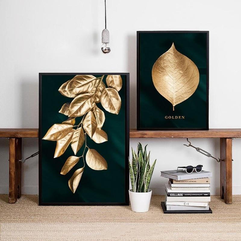 Golden Plant Leaves Abstract Wall Poster Modern Style Print Canvas Living Room Bedroom Painting Frameless