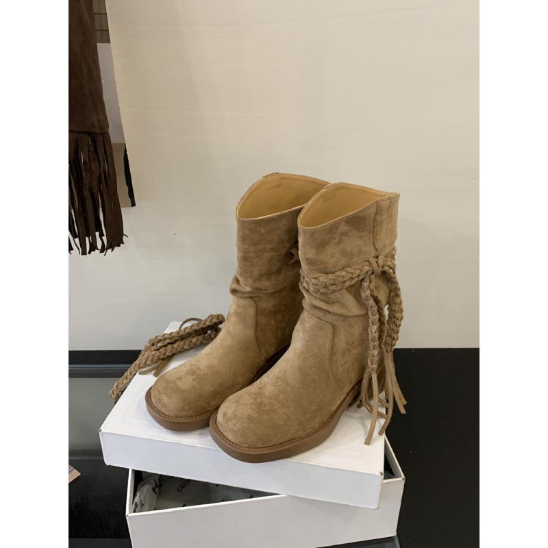 

2025 new retro wasteland fringed knight boots thick heel but knee versatile fashion mid boots 39 темного кольору хакі