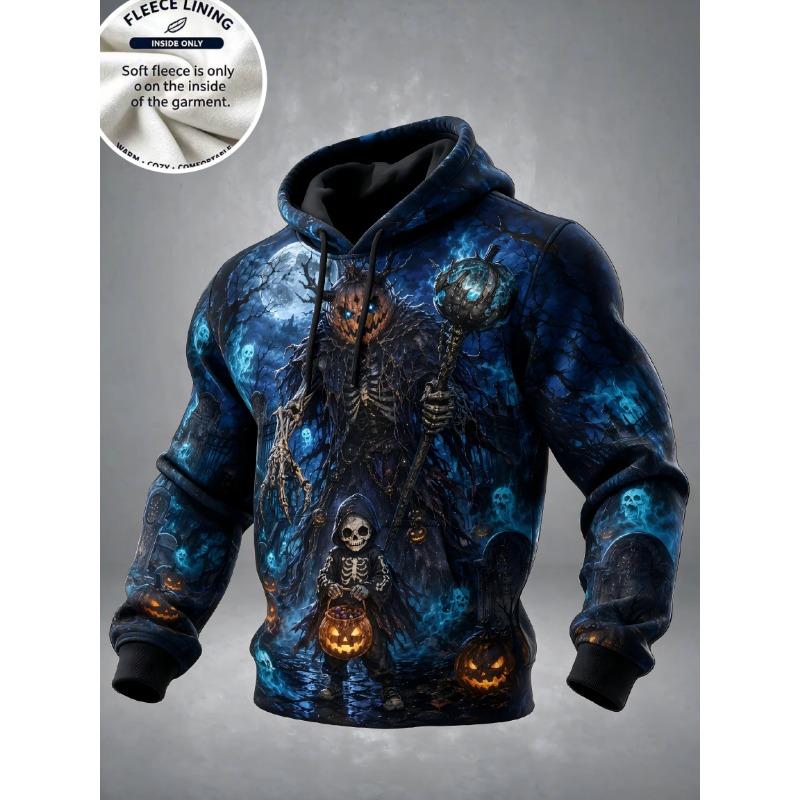 3D Halloween Fleece Hoodie Pumpkin Scarecrow Skeleton Kid Moon Graveyard Pullover Long Sleeve Kangaroo Pocket Sweatshirt