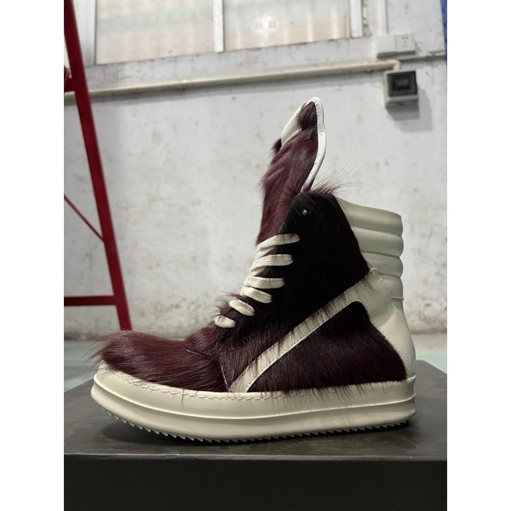 Brand Genuine Leather Furry Shoes Woman Classic Burgundy Horsehair Shoe Men Casual High Top Sneaker Sneaker Flat Ankle Boots