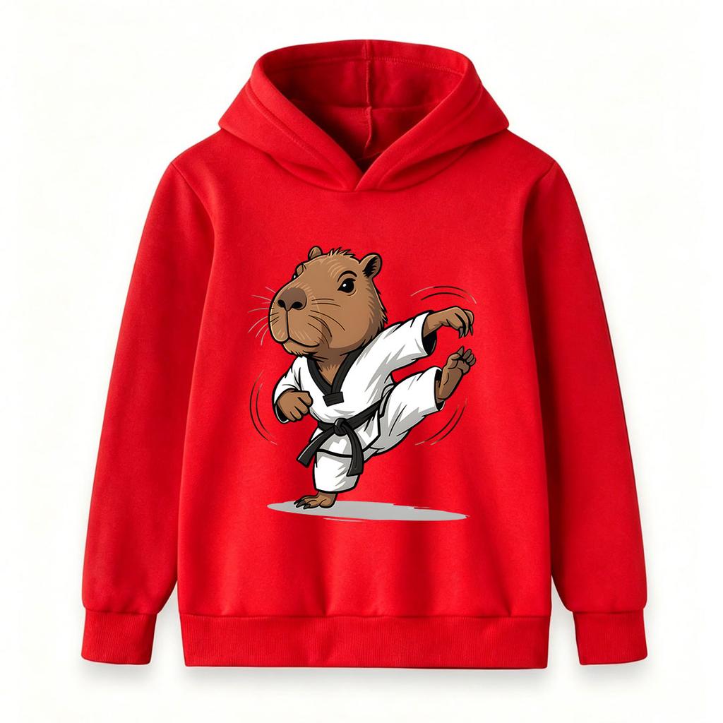Kids Boys Girls Casual Pullover Hoodie, Funny Capybara Taekwondo Black Belt Karate Kick Cartoon Print Soft Hooded Sweatshirt for Children Daily Wear