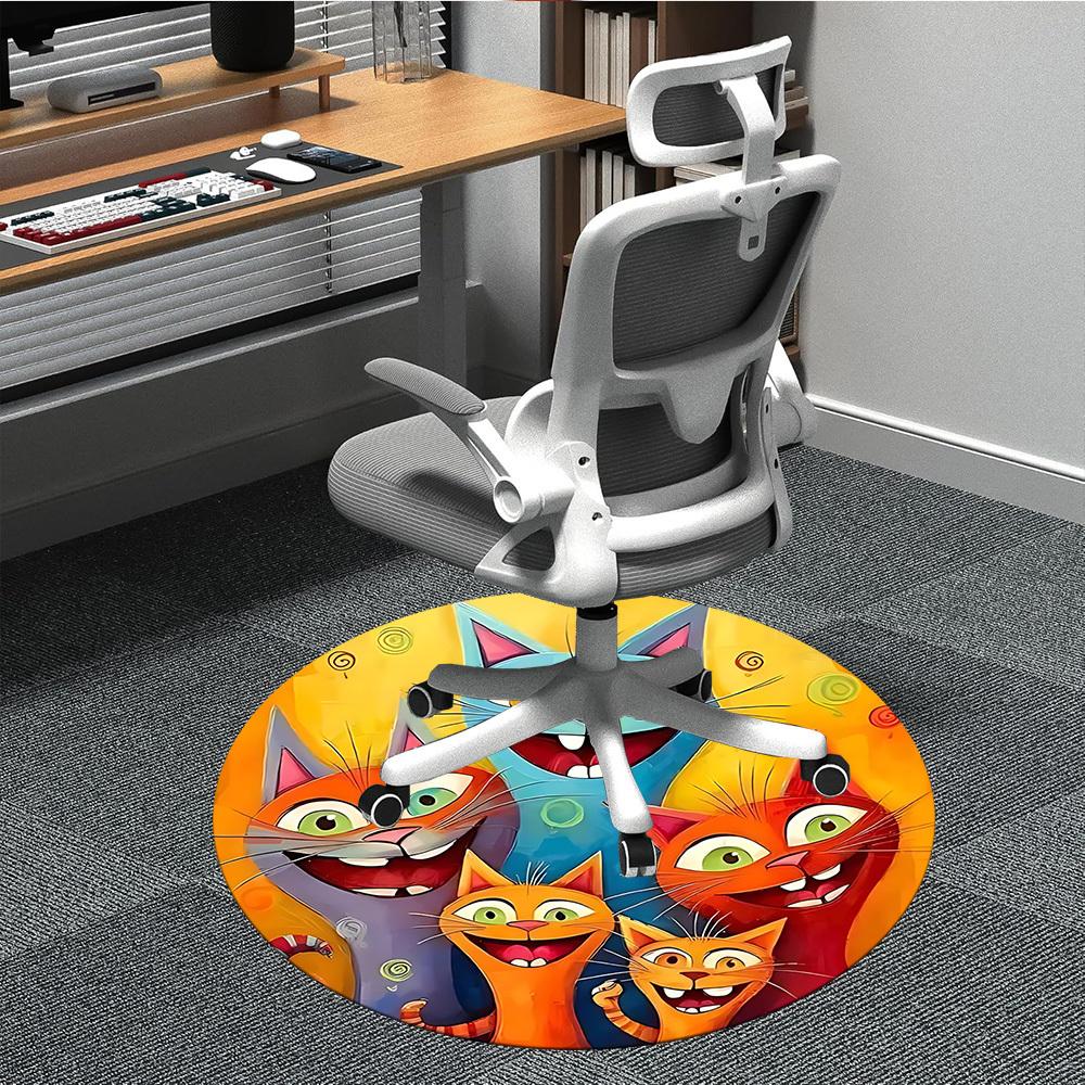 1PC Cat Family Office Round Area Rug, Mat Suitable ForOffice, Under Office Chairs Bedroom Living Room Home Decor, Room Deco