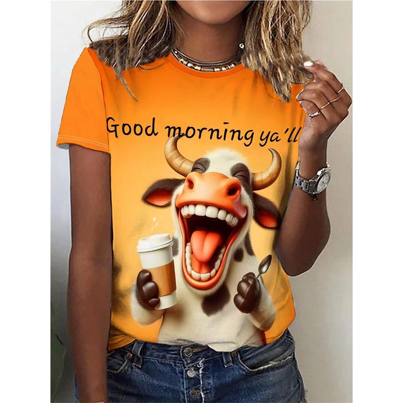 T-shirt con motivo mucca felice per donna, magliette divertenti con stampa 3D di animali, magliette estive alla moda, maniche corte, scollo rotondo, abbigliamento da strada