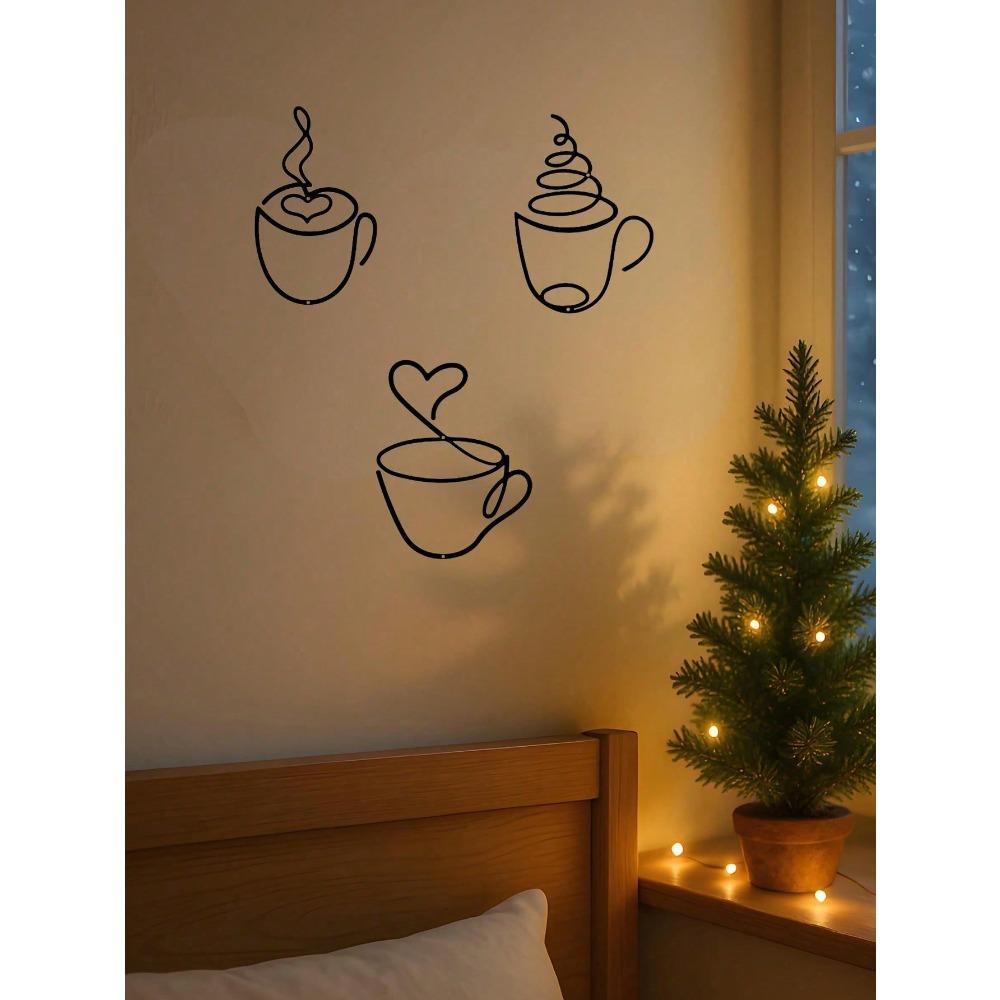 3-Piece Modern Metal Coffee Cup Wall Art Set, Christmas Theme, Black, Durable, Rustproof, Home Decor for Living Room, Bedroom, Kitchen, Bathroom