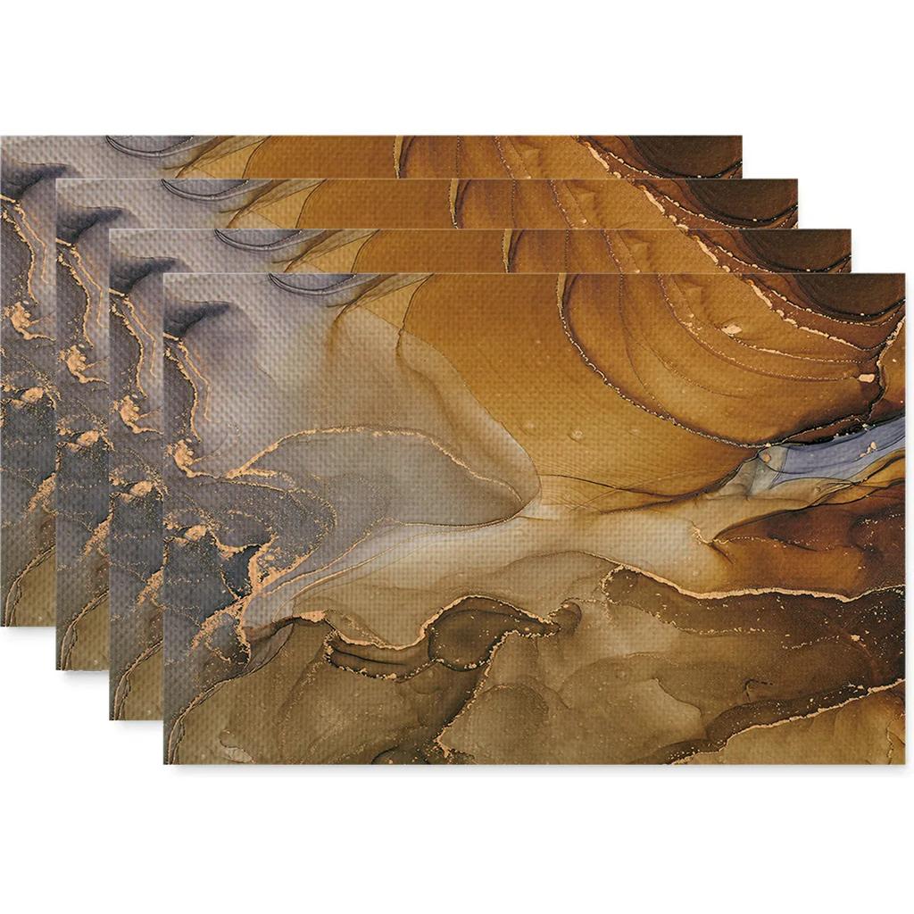 Anti Fouling and Heat-insulating Table Mat 4PC Placemat Watercolor Marble Printed Fabric Linen Placemat  Western Style Placemat