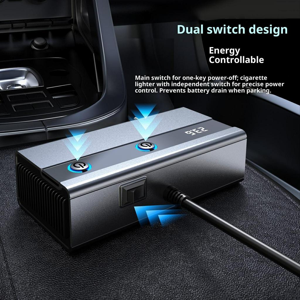 GE08 PD 65W Fast Charging Car Charger 9 in 1 Cigarette Lighter Adapter with Independent Switch and Retractable Cable