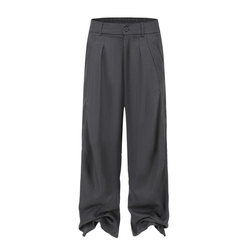 Japanese Retro Pleated Loose Wide Leg Trousers Unisex Casual Pants With Pocket Detail