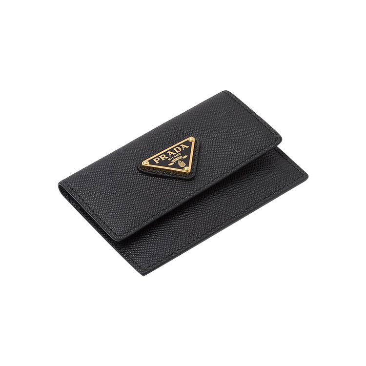 Prada Enamel Metal Triangle Logo Snap Closure Saffiano Leather Card Holder Women Card Holder Black 1MF028_QHH_F0002