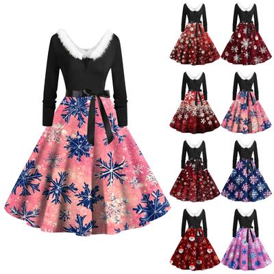 Women's Fashion Round Neck Casual Slim Christmas Printed Long Sleeve Dresses
