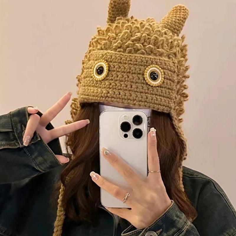 Winter Warm Knit Hat for Women Funny Monsters Hat Hooded Skull Hat Outdoor Activity Cap Windproof Headwear Pullover Hat