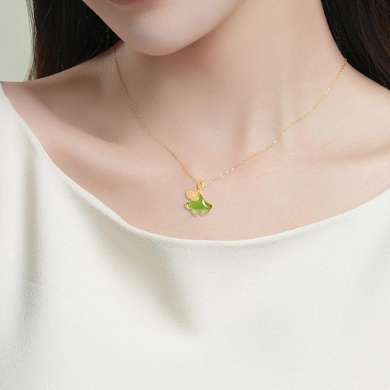 Spinach Green Hetian Jade Ginkgo Leaf Pendant Necklace in S925 Silver for Women
