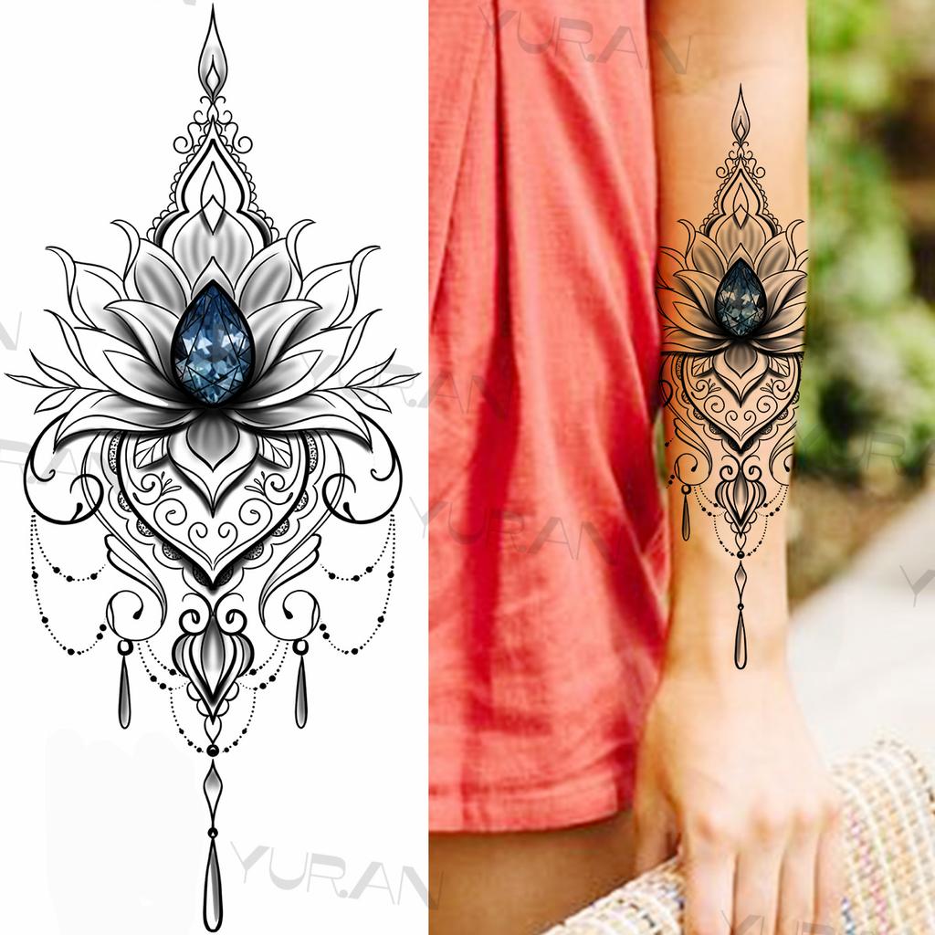 Large Colorful Rose Flower Temporary Tattoos For Girls Women Anchor Fake Gemstone Pendant Tattoo Paste Arm Body Tatoos Creative