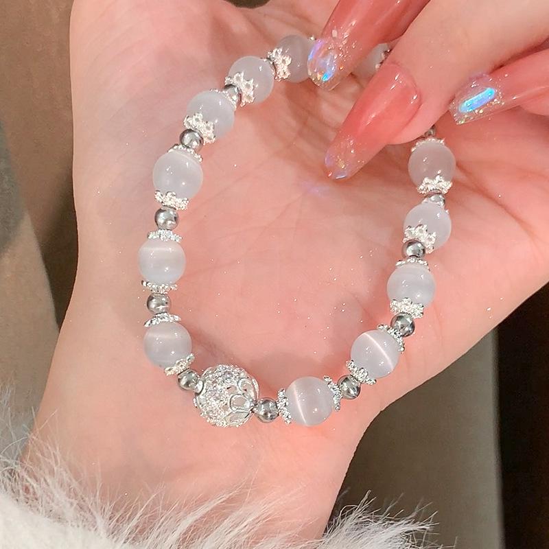 Ice Clear Crystal Cat's Eye Beaded Bracelet - Women's High-End Chinese Style Moonstone Jewelry